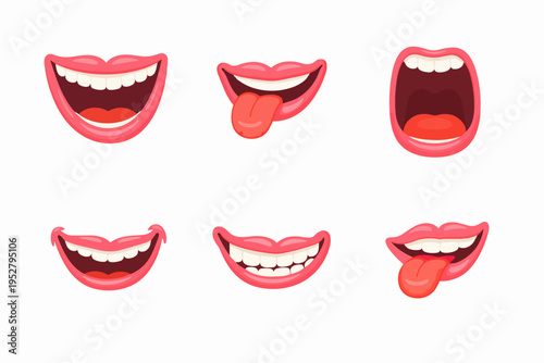Set of cartoon mouth expressions with lips, teeth, and tongue, conveying different emotions