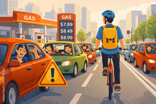 Cyclist riding past frustrated drivers stuck in traffic near gas station with high fuel costs