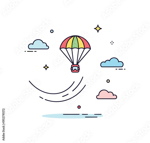 Skydiving adventure moment centered on a small parachute icon with gentle downward motion arcs beneath. The scene conveys thrill, bravery, and unforgettable
