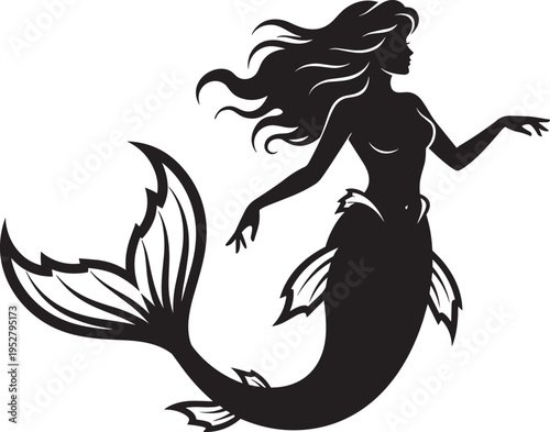 Collection of detailed mermaid silhouettes vector illustration, variety of swimming mythical sea goddesses with flowing hair and fish tails isolated on white, aquatic.
