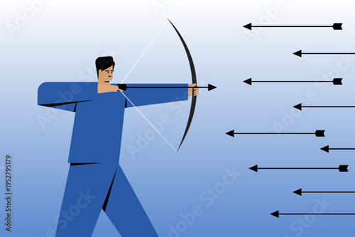 Conceptual illustration of a man aiming a bow and arrow against opposing arrows, symbolising focus, resistance, determination, and staying on target despite external pressure and challenges