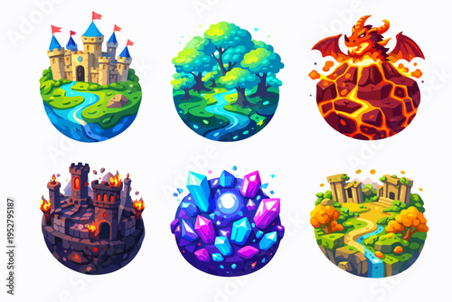 Fantasy game worlds collection with castles, forest, dragon volcano, crystals, and ruins