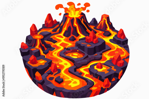 Volcano erupting and hot lava flowing through an isle with glowing rocks