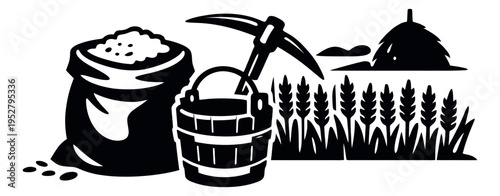 Rustic graphic farm elements set featuring a sack of grain, bucket, pickaxe, wheat, and a hay bale for agricultural concepts