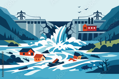 Dam breaching causing widespread flood disaster, submerging homes and destroying infrastructure