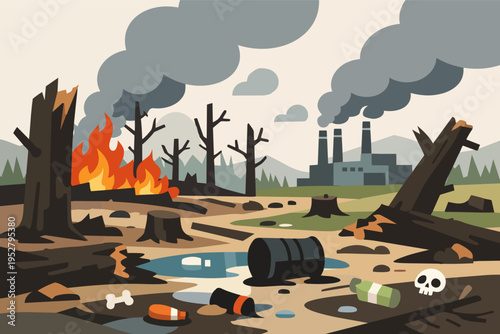 Environmental disaster showing deforestation, wildfire, oil spill, and factory pollution