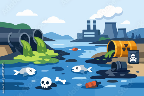 Industrial pipes dumping toxic waste in polluted river causing environmental disaster