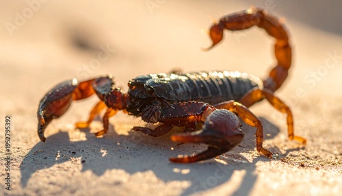 Plakat Scorpion on Sandy Surface Closeup Shot.