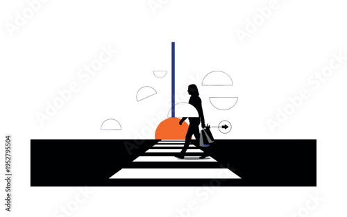 Black and white silhouette crossing a minimal crosswalk holding groceries, bright orange circle placed at horizon line, thin navy vertical block dividing