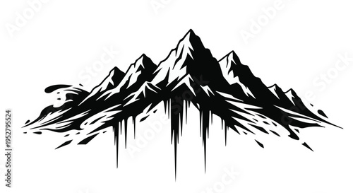 Mountain peaks rise in a stark black and white graphic illustration featuring sharp ridges and jagged textures suitable for branding or outdoor adventure concepts.