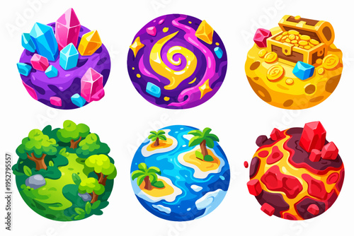 Fantasy game planets set, featuring cosmic, crystal, island, and treasure worlds