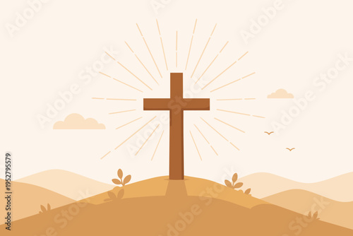Christian cross standing on hill representing faith, hope, and new beginnings