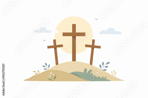 Calvary hill with three crosses under a setting sun, symbolizing Easter and sacrifice