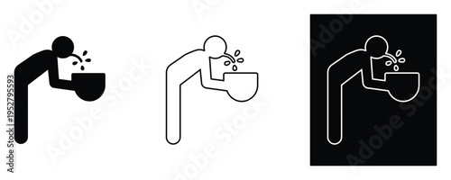 Sick man vomiting into toilet bowl icons set in black and white