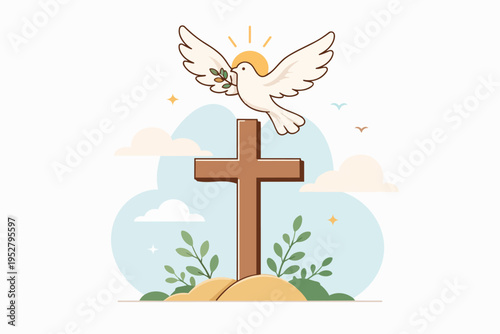 White dove flying over a religious cross, holding an olive branch of peace and hope