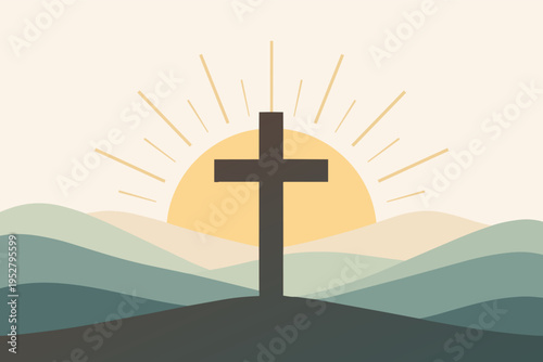 Christian cross silhouette on hills in front of a rising sun, symbolizing faith and hope