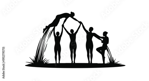 People silhouettes form a human bridge structure while standing on a patch of grass.