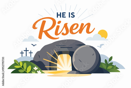 Risen Christ empty tomb with glowing entrance and Calvary crosses concept