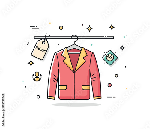 Second hand shopping concept centered on a vintage jacket hanging on a simple rack, with a small price tag labeled Preloved and subtle sparkle icons suggesting
