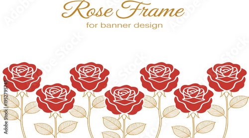 Red Rose Border Illustration with Gold Stems and Leaves for Banner Design