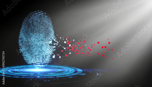 Futuristic glowing biometric fingerprint floating half glitching corrupted red