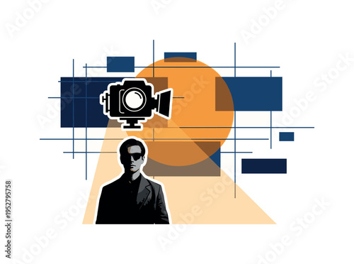 A monochrome silhouette figure standing beneath a camera, oversized flat circle behind representing spotlight surveillance, rectangular panels and thin