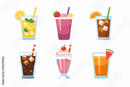 Variety of cold summer beverages with different fruits and flavors in a flat vibrant style