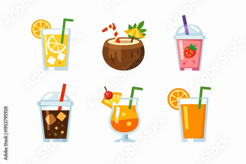 Refreshing summer drinks collection with fruit and cocktails in flat design style