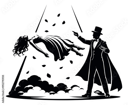 Graphic illustration of a magician levitating a woman depicting a magic show for entertainment concepts