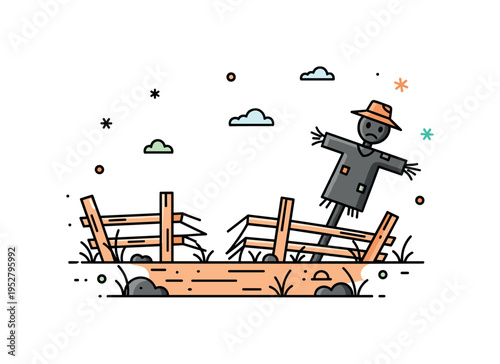 Abandoned farmland scene depicted by a broken fence and dry soil with a leaning scarecrow silhouette, expressing loss of productivity and hardship. The compact