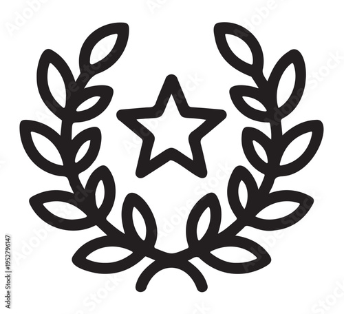 Black Laurel Wreath with Star on White Background