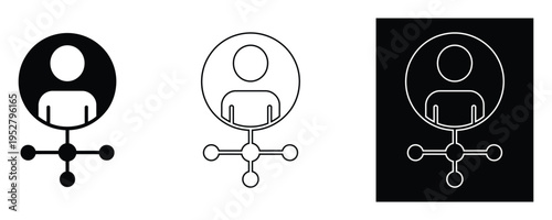 Three variations of a simple network node icon in black and white for design and tech concepts