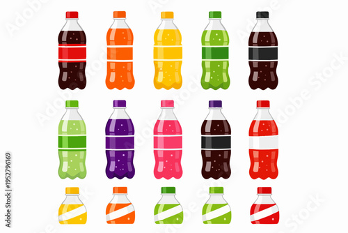 Assorted colorful carbonated soft drinks in plastic bottles featuring various flavors