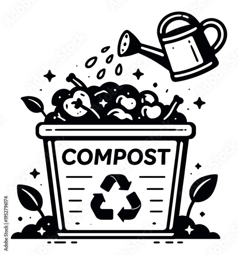 Hand drawn line art illustration of a compost bin depicting being watered and containing organic waste for organic gardening