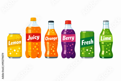 Assortment of colorful soft drinks in bottles and cans for refreshment concept