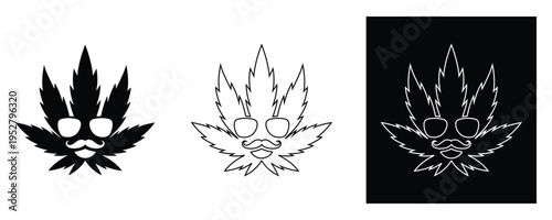 Cannabis leaf character with sunglasses and mustache in black white and outline