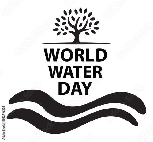 World Water Day Logo with Tree and Wavy Lines on White Background