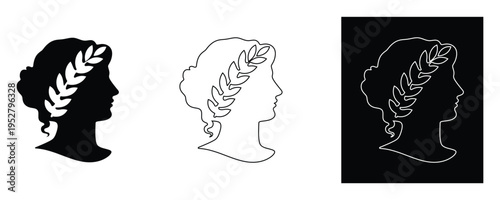 Three laurels on woman head silhouette vector icons in black and white