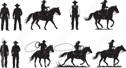 Cowboy silhouette set vector illustration, collection of horse riders with lasso and standing figures, wild west icons isolated on white background, rodeo.