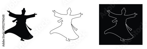 Whirling Dervish Silhouette Dance Illustrations in Black White and Outline on Various Backgrounds