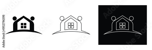 Three minimalist house icons with people on white and black backgrounds