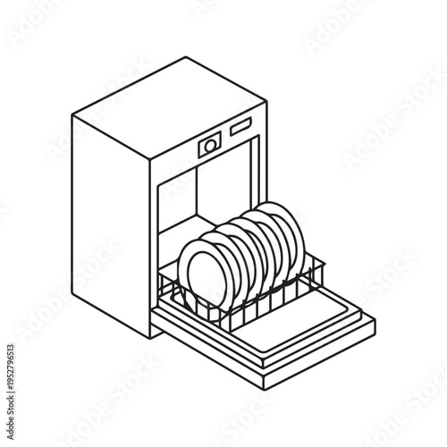 Minimalist Line Art Drawing of a Dishwasher Loaded with Plates