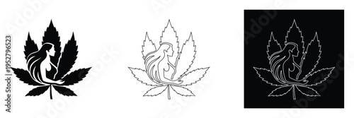 Cannabis leaf with woman silhouette designs in black white and outline on various backgrounds