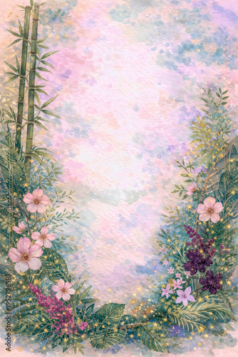 Floral border with bamboo and tropical leaves with pink and purple flowers on pastel background. Watercolor illustration template. Nature botanical concept. Design for card, invitation, poster