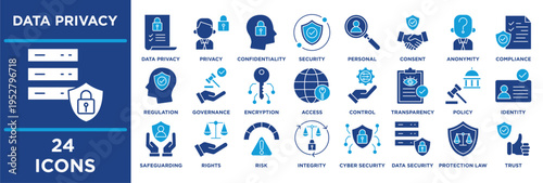 Data privacy icon set illustrating anonymity, compliance, regulation, governance, encryption, access, control. solid vector illustration