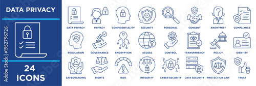 Data privacy icon set featuring  privacy, confidentiality, security, protection, data, personal, consent. outline vector