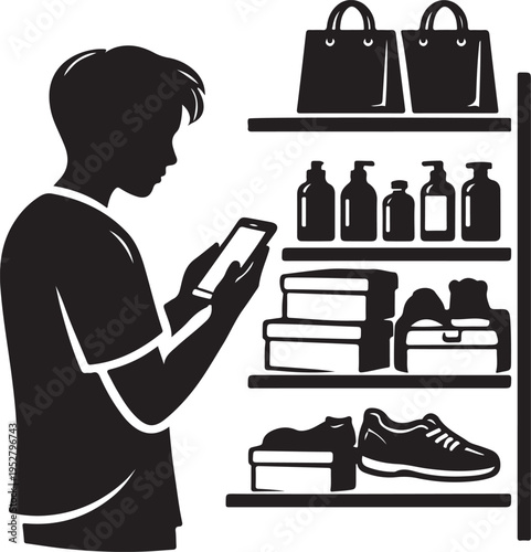 A person using a smartphone while shopping viewing items on shelves in a store