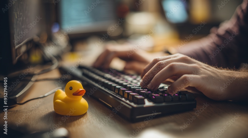 Obraz premium Rubber duck perched on keyboard foreground, solo developer practicing rubber duck debugging with blurred hands typing code in background, warm bokeh lighting, cozy workspace, soft film grain, creative