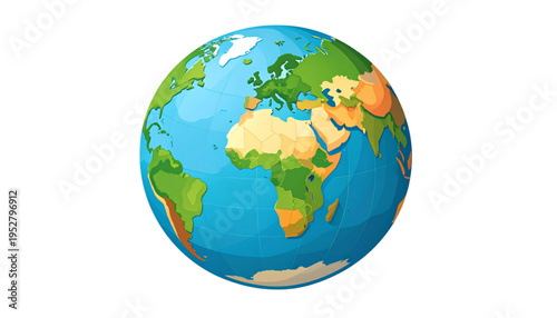 Flat vector illustration of stylized earth globe highlighting Africa, Europe, and Asia, simple clean shapes, minimal smooth design, bright natural color palette, modern educational geography concept, 