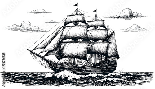 Vintage Sailing Ship Engraving – Detailed Ocean Vessel Vector Illustration